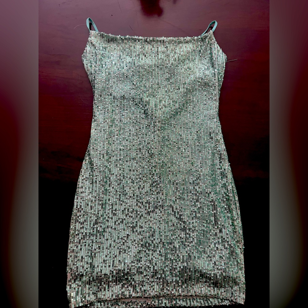 Mini dress with back open, size small, green sparkle.